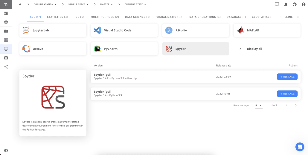 One-click installation options for different configurations of Spyder