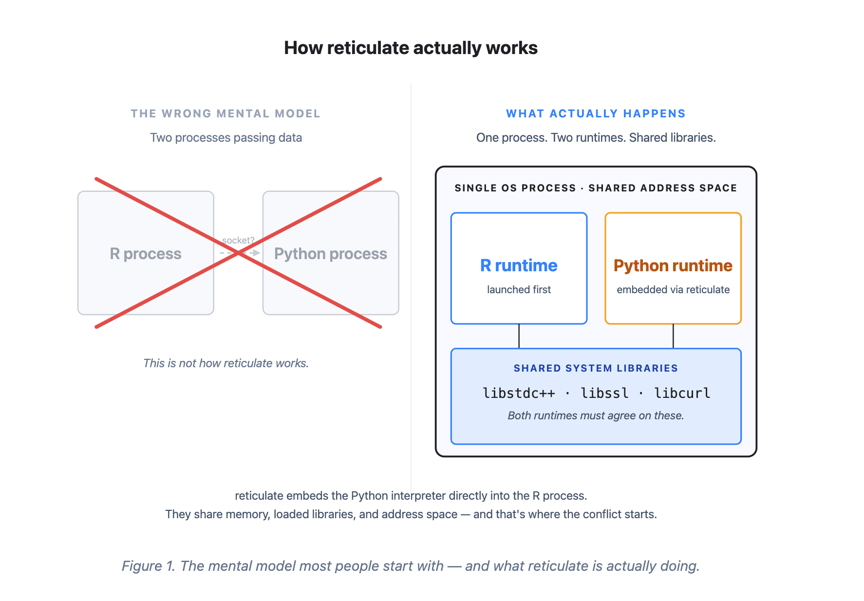 Reticulate doesn't open a network connection between R and Python. It embeds the Python interpreter directly into the R process, they share memory, loaded libraries, and address space.