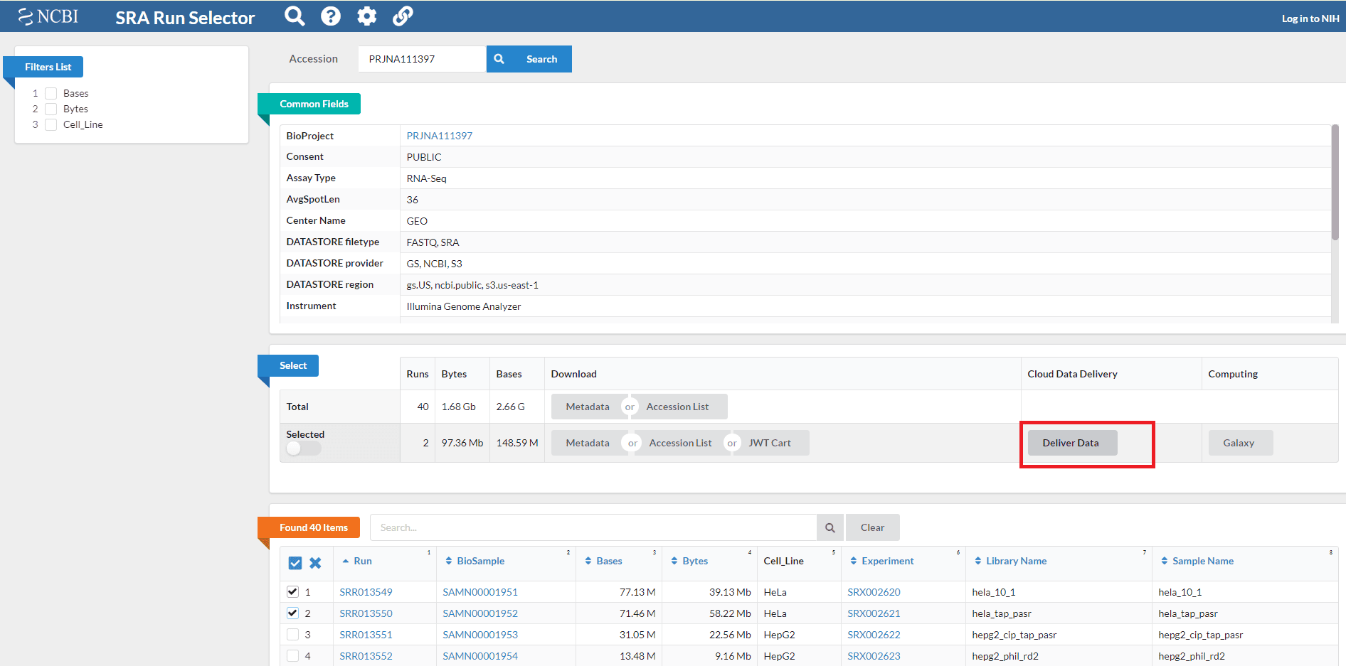 Finding the data delivery feature on the SRA selector