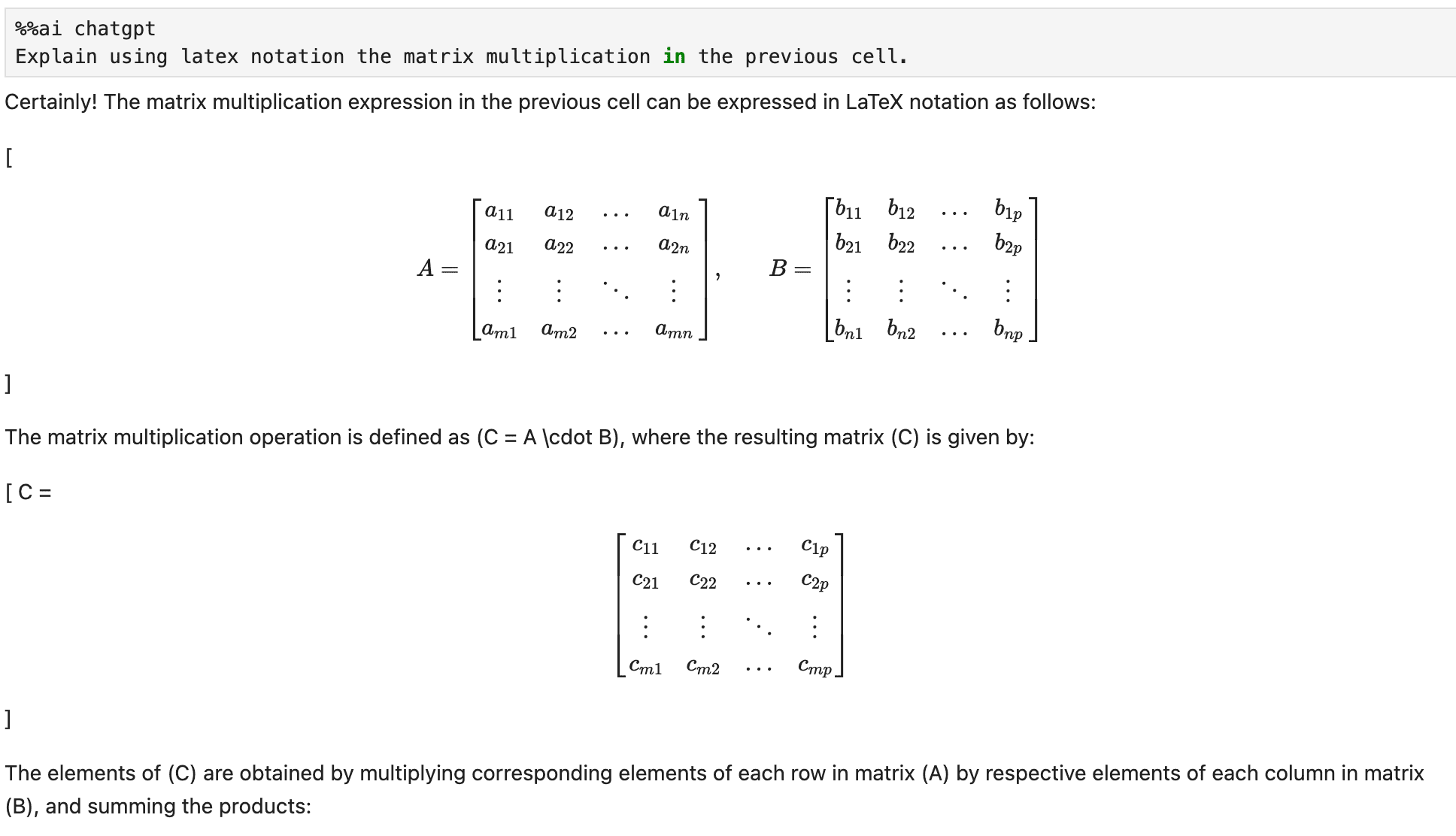 Explaining matrix multiplication with LaTeX notation, using the %%ai magic command