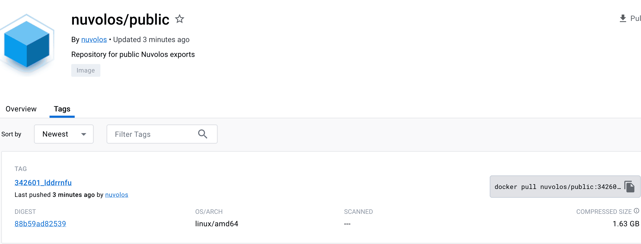 The Nuvolos Docker Hub repo with a sample export and predefined command